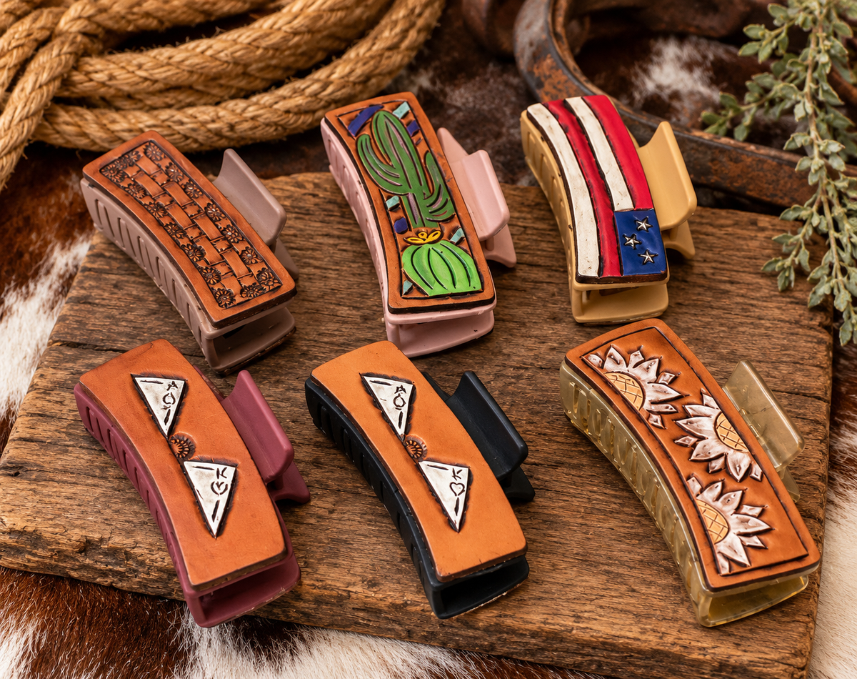 Handcrafted Western Leather Hair Clip- Cactus
