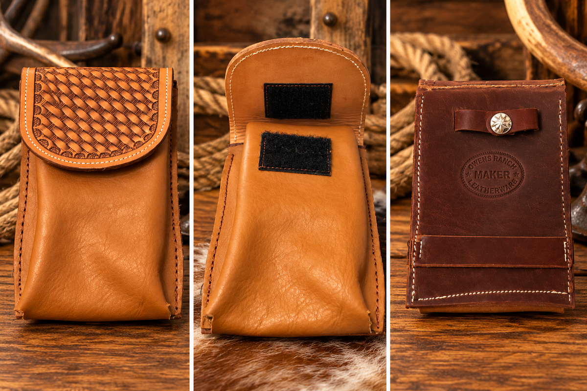Handmade Large Leather Cell Phone Saddle Pouch – Basket Stamp
