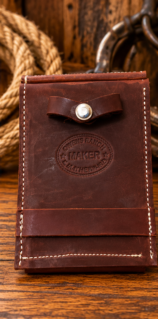 Handmade Large Leather Cell Phone Saddle Pouch- Geometric Stamped.