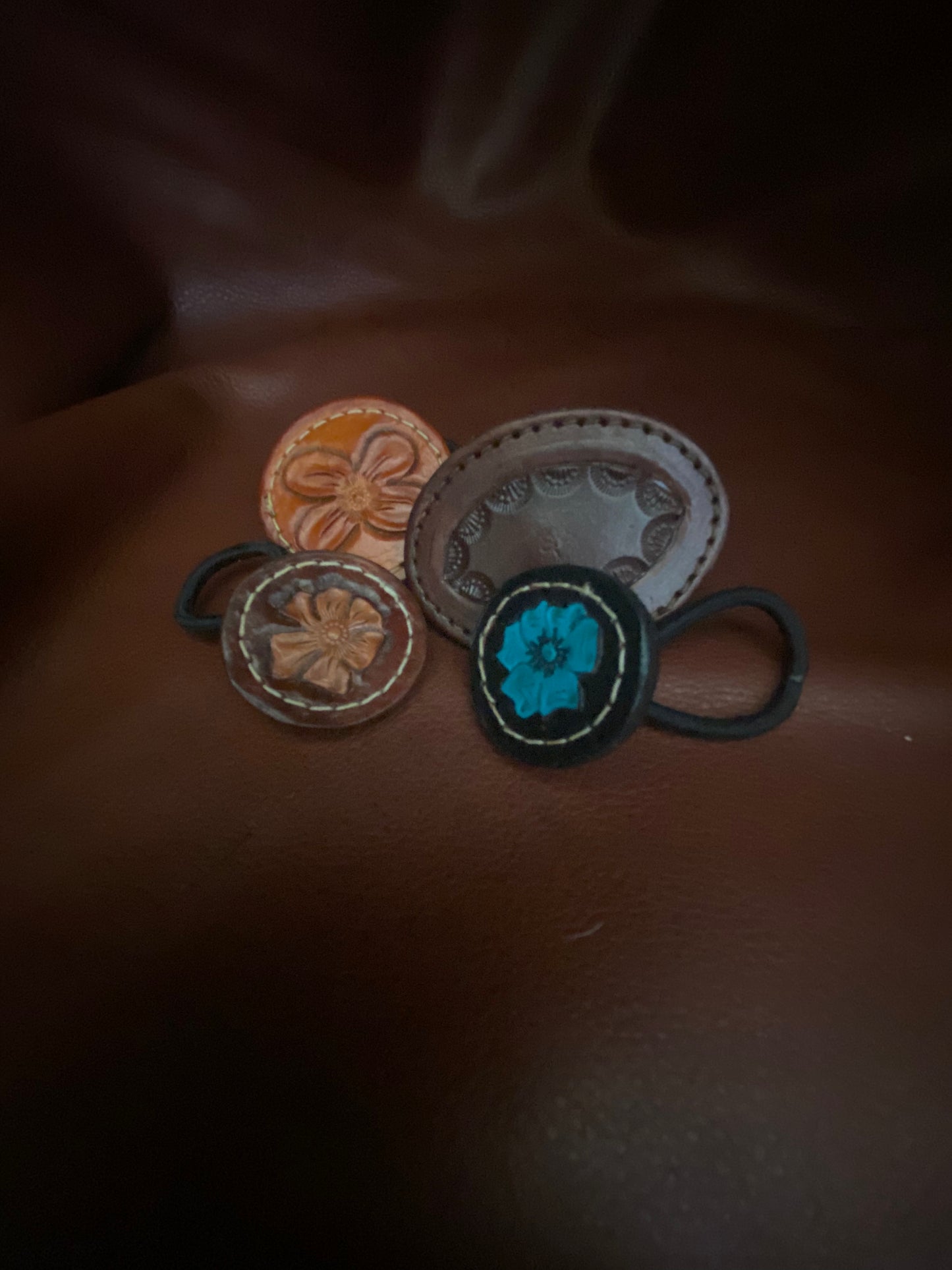 Hand-Tooled Leather Hair Tie – Floral