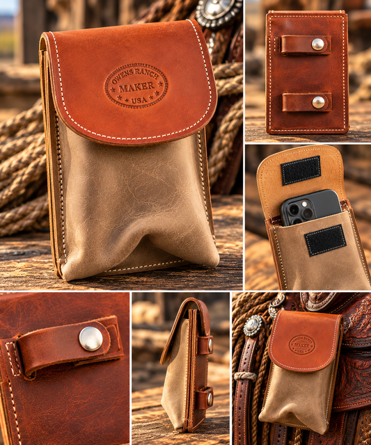 Handmade Large Leather Cell Phone Saddle Pouch – Two-Tone Western