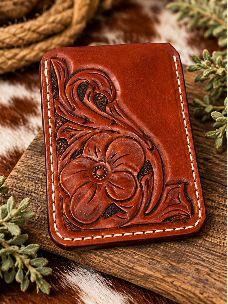 Hand-Tooled Floral Leather Credit Card Holder