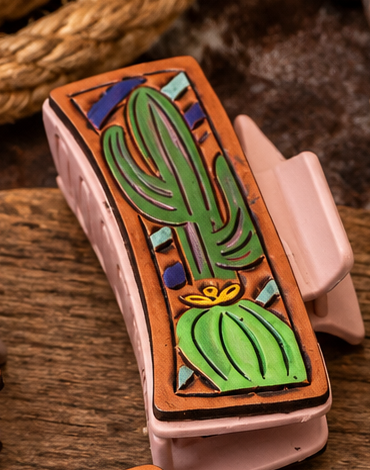 Handcrafted Western Leather Hair Clip- Cactus