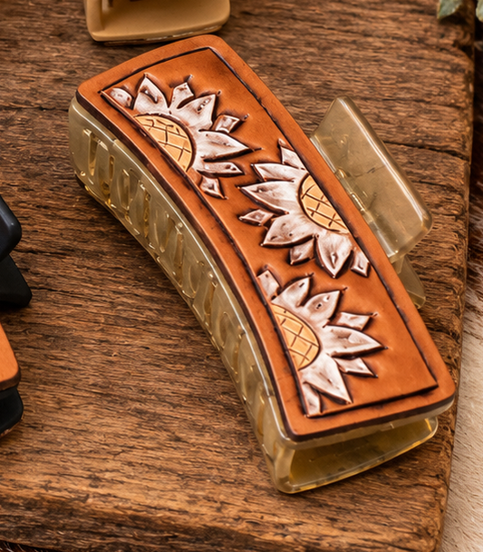 Handcrafted Western Leather Hair Clips- Sunflower