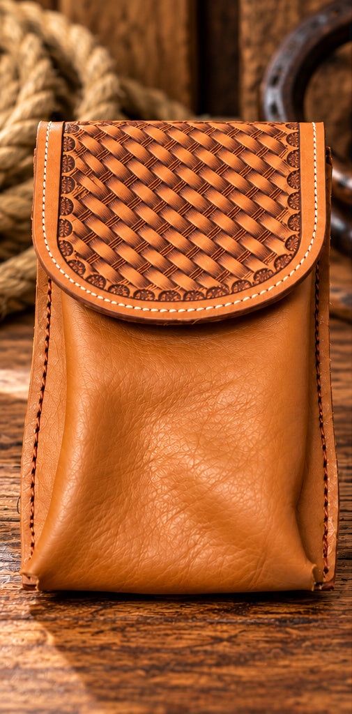 Handmade Large Leather Cell Phone Saddle Pouch – Basket Stamp