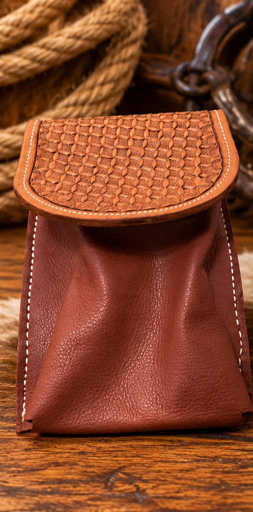 Handmade Large Leather Cell Phone Saddle Pouch- Geometric Stamped.
