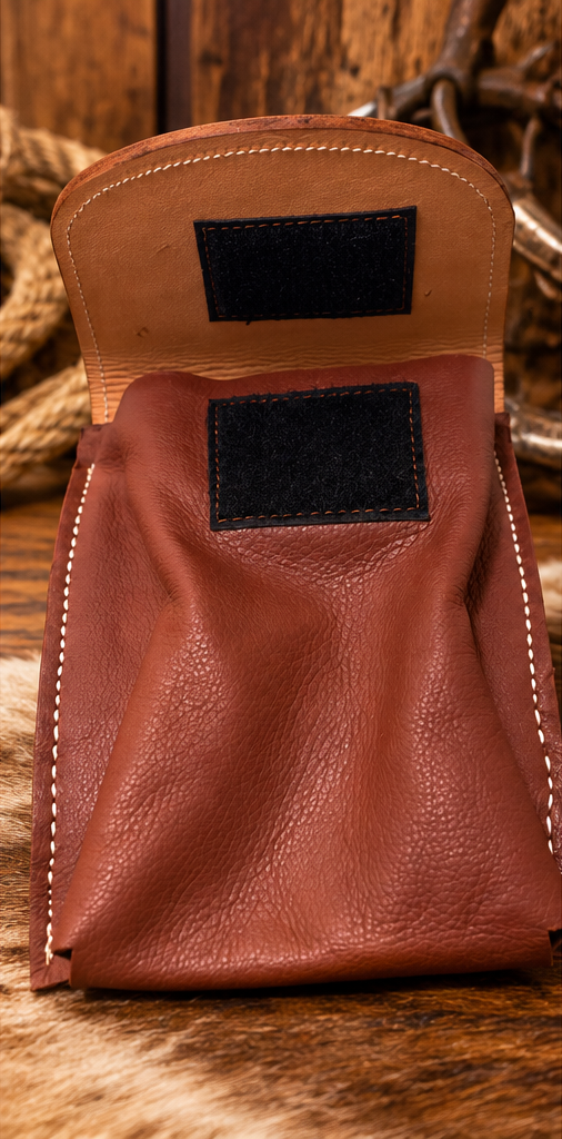 Handmade Large Leather Cell Phone Saddle Pouch- Geometric Stamped.